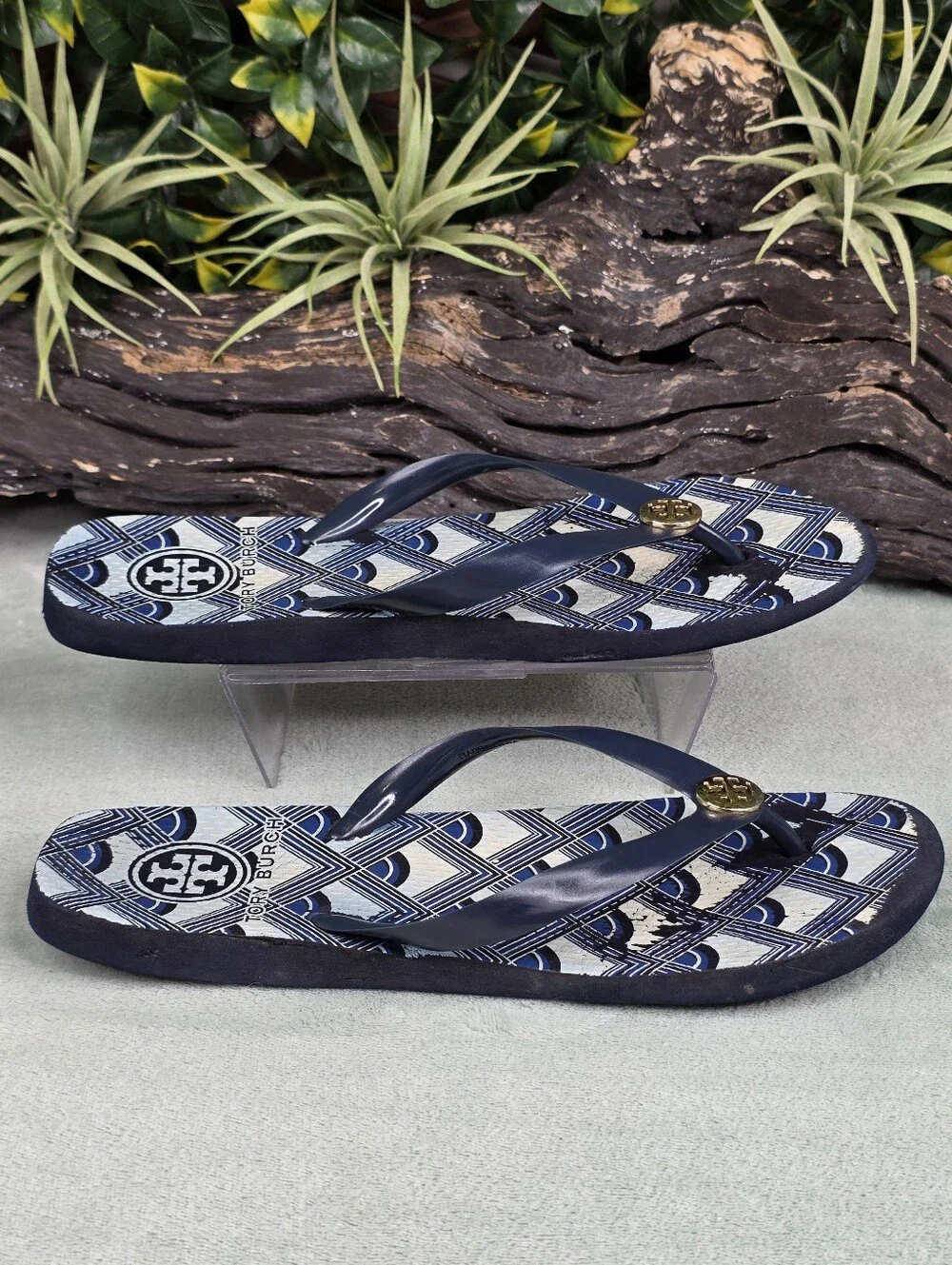 Tory Burch Blue & White Geometric Logo Print Flip Flop Sandals w/ Gold Medallion